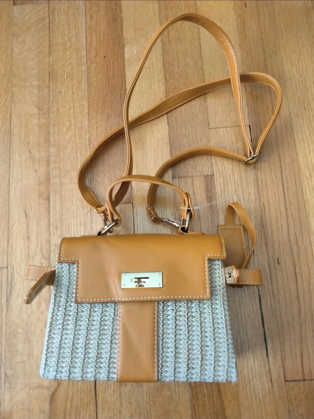 Tan Woven Top-Handle Crossbody Bag with Leather Trim